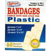 Bandages Plastic Adhesive, Sterile w/ Non-Stick Pad, Assorted Sizes 60 ea