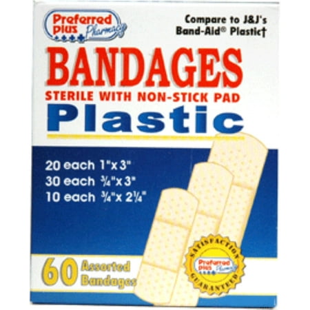 Bandages Plastic Adhesive, Sterile w/ Non-Stick Pad, Assorted Sizes 60 ea