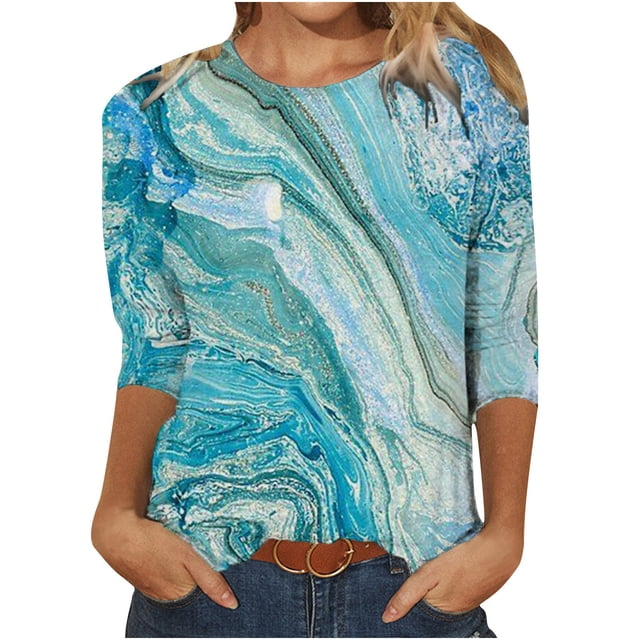 Birdeem T-Shirt Décontracté à Manches 3/4 Mi-Longues Imprimé pour Femmes Printemps Col Rond
