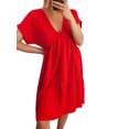 thumbnail image 1 of MAWCLOS Femmes Mini Robes Couleur Unie T-Shirt Robe Manches Courtes Robe de Soleil Casual Été V Cou Rouge M, 1 of 2