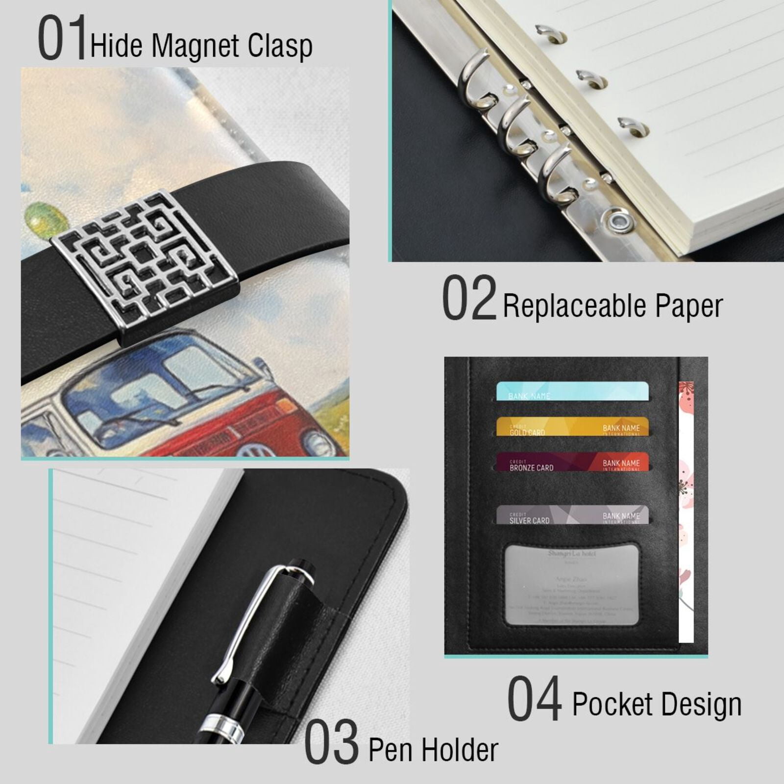 Premium Faux Leather Notebook - Refillable, Multi-Functional Organizer, 23.3x17cm, All-Season Use，A Red and White Van