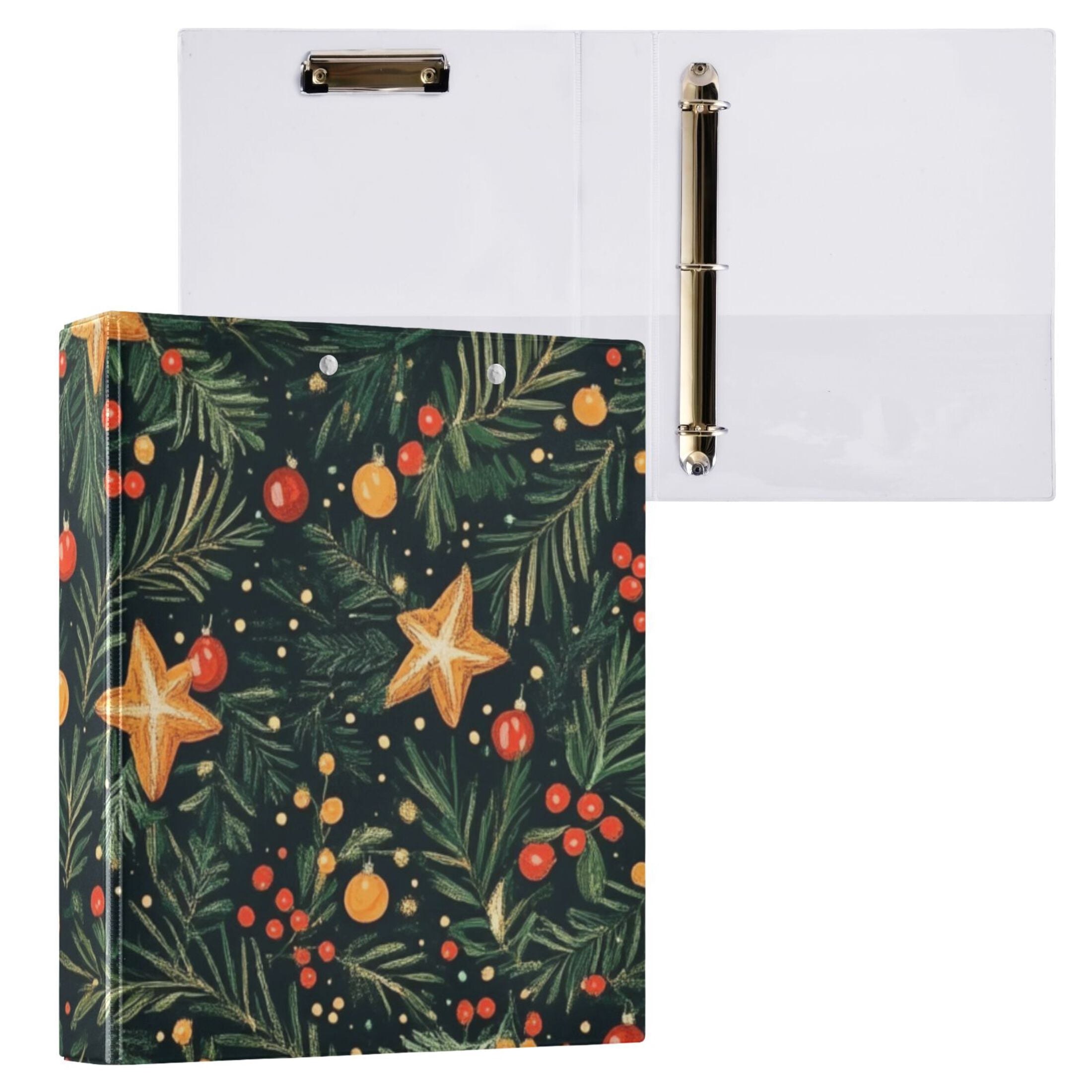 Christmas Leaves Stars 3 Ring Binders 1.5 inch Hardcover File Folders with Interior Pockets A4 Size Organizer for School Office Hospital