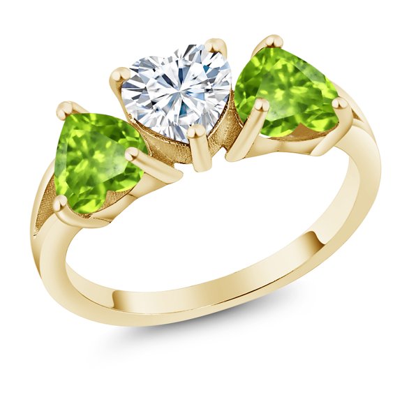 Gem Stone King 18K Yellow Gold Plated Silver 3-Stone Ring Near Colorless Heart Shape 2.33cttw Moissanite and Peridot (Size 8)