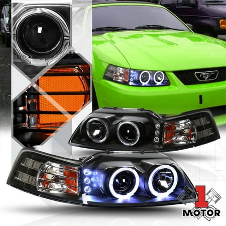 02 Fog Lamp Auto Car - Black Dual Halo Projector Headlight LED DRL Amber Signal for 99-04 Ford Mustang 00 01 02 03