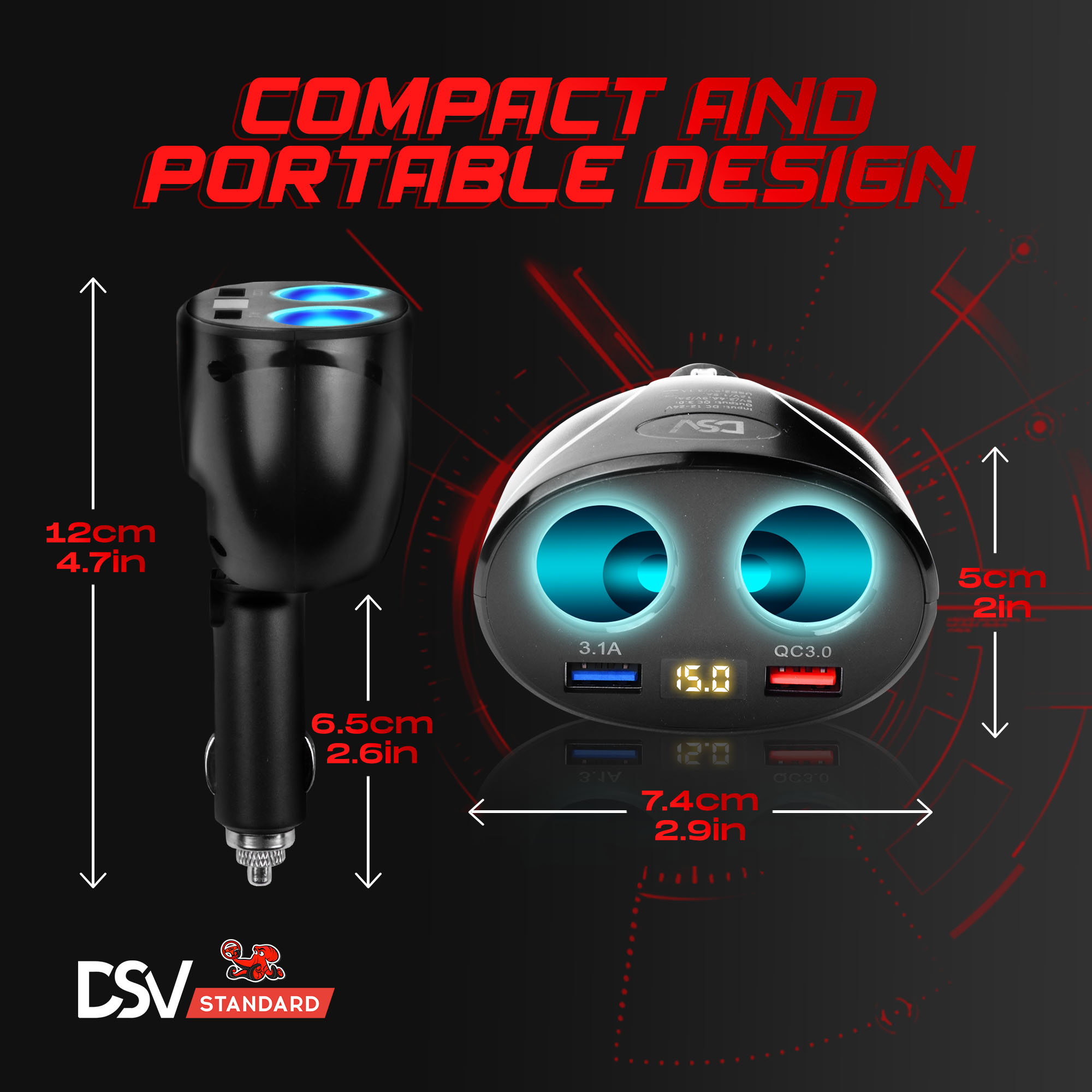 DSV Standard Dual Socket Car Charger with LED Display photo 3