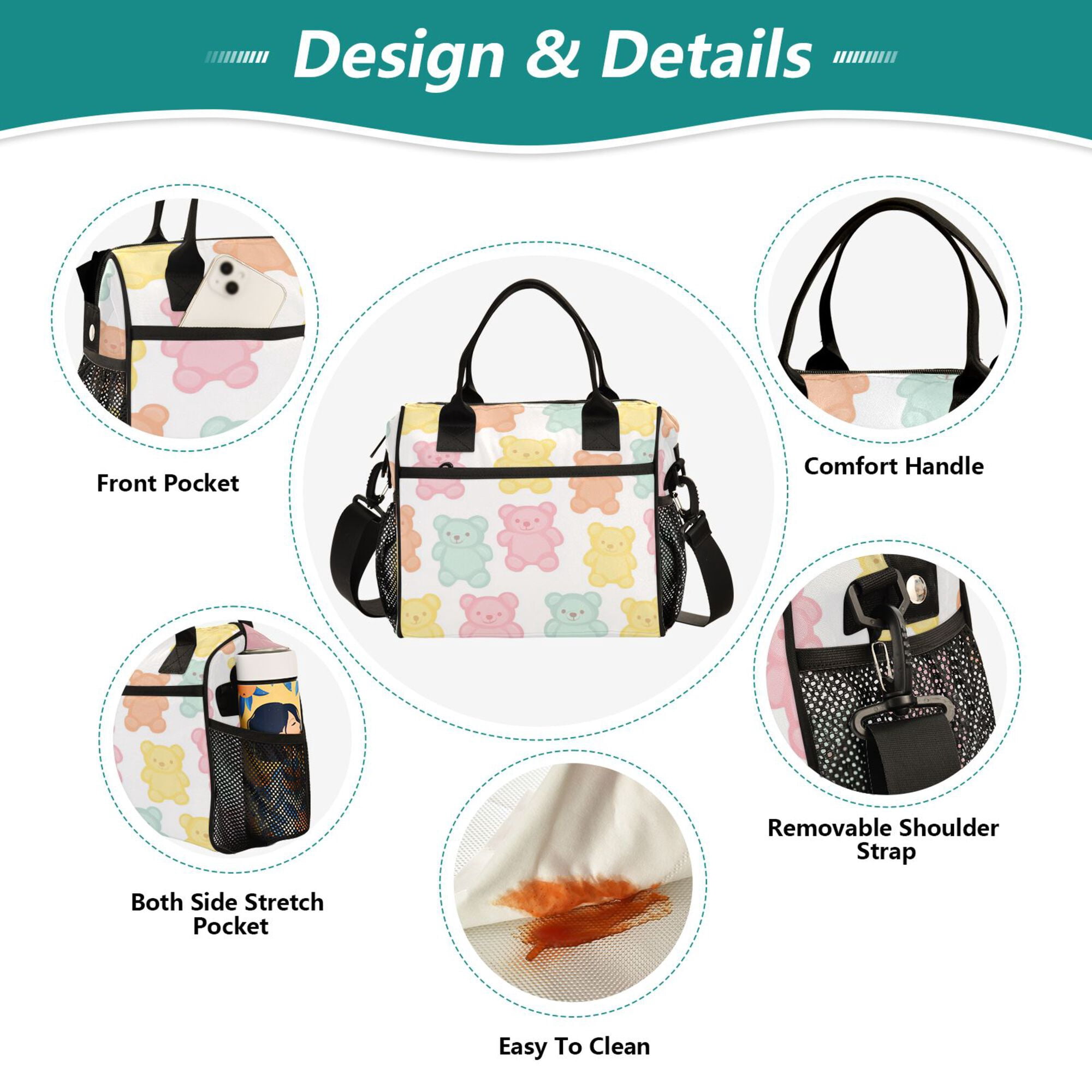 FORMRS Insulated Lunch Bag Unisex Large Capacity with Shoulder Strap, Cute Gummy Bears Pattern