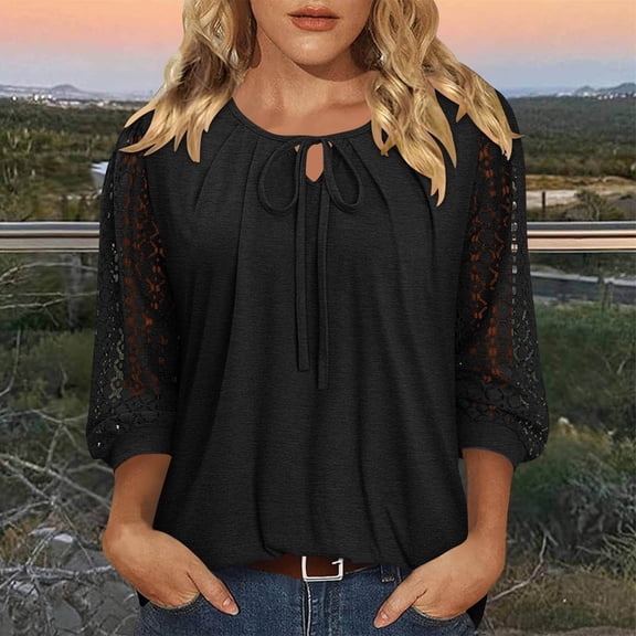 Yrmaups Loose Fit 3/4 Sleeve Blouse for Women, Casual Lace Tie Front Top, Soft Stretch Tee for Party Office Travel Everyday Wear, Black XL