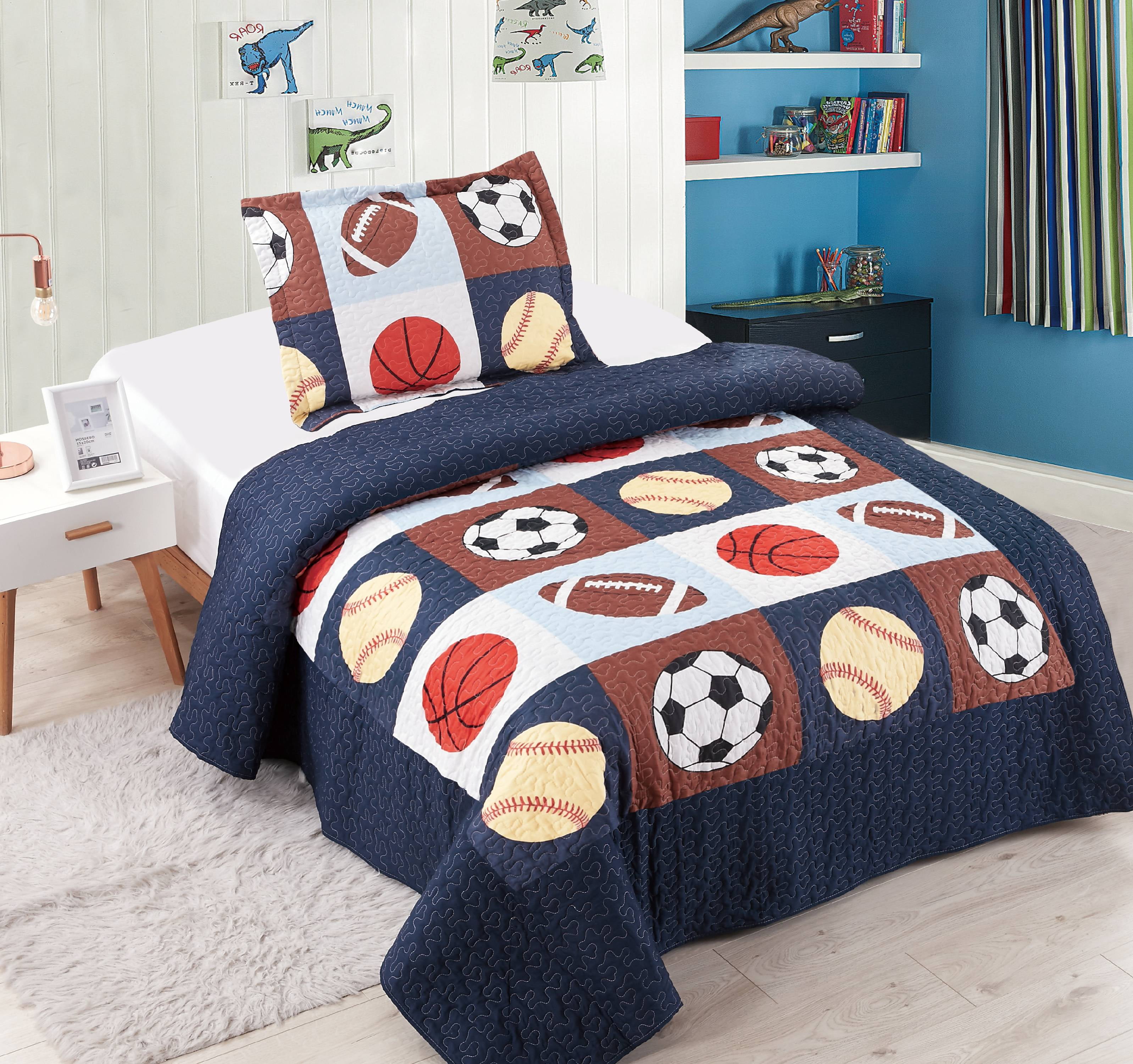 Elegant Home Multicolor Patchwork Sports Basketball Football Baseball Design 4 Piece Printed Full Size Sheet Set with Pillowcase Flat Fitted Sheet for Boys Kids/ Teens # Patchwork Full