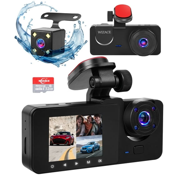 3 Channel Dash Cam Front and Rear Inside with 32GB Card, WIZACE 1080P Dash Camera for Cars, Dashcam Three Way Triple Car Camera with IR Night Vision, Loop Recording, G-Sensor, HDR, 24 Hours Recording