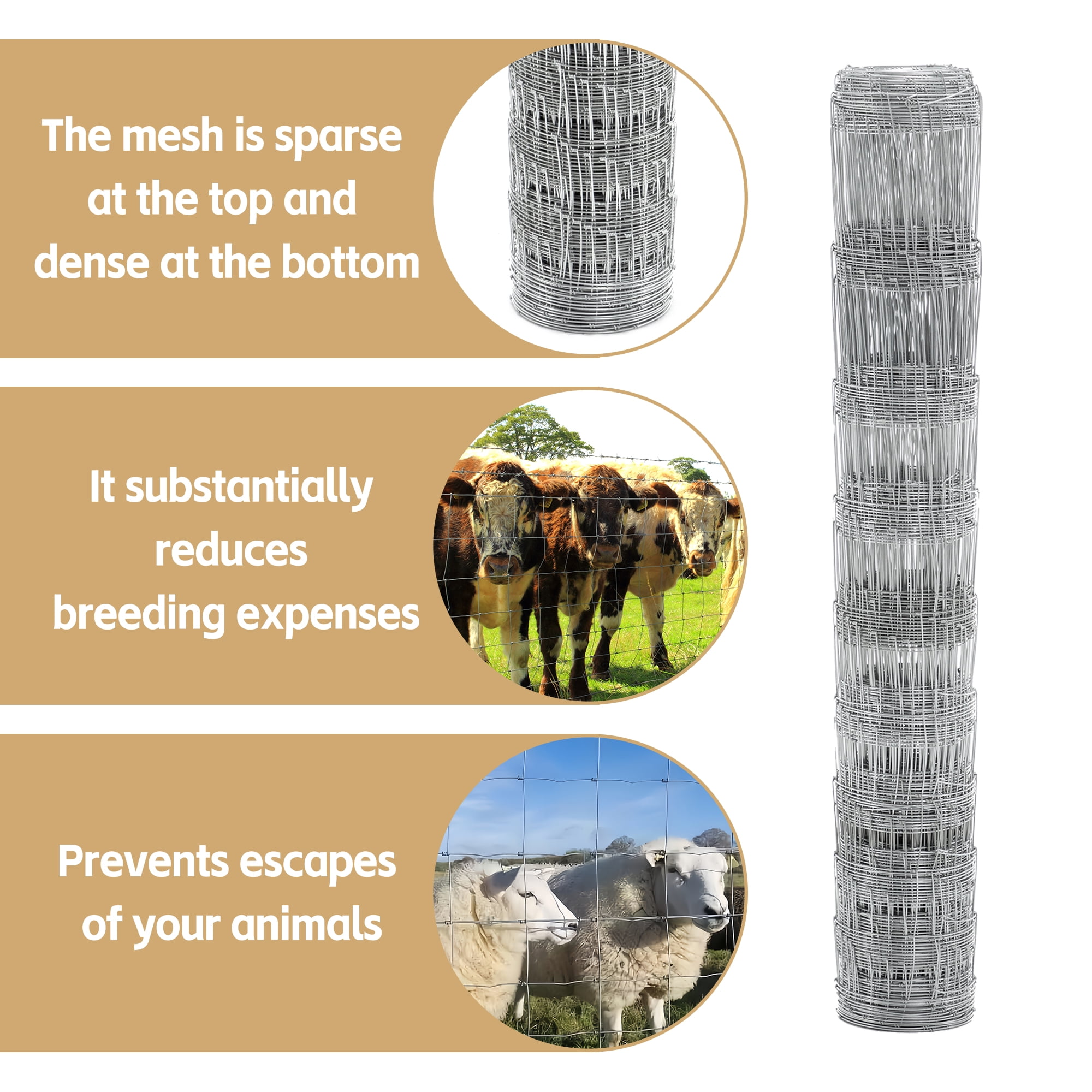 Aukfa 4x164 ft Galvanized Wire Fencing,Heavy Zinc Coating Farm Fence Used to Hog Goat Fencing for Yard Garden Field