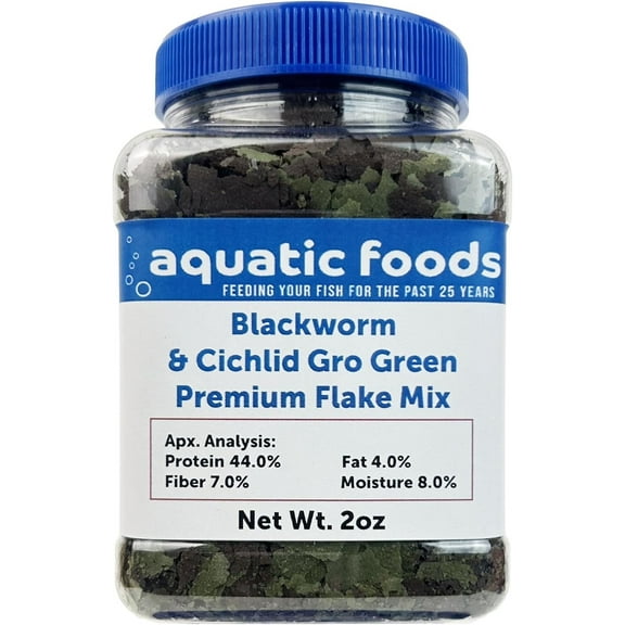 California Blackworm & Cichlid Green Gro Premium Flakes for Discus, Cichlids all Tropical Fish also Pellet Mix, Wafer Mix Included - 2oz Jar
