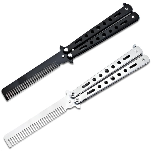 OPALESQUE 2 Piezas de Acero Inoxidable Plegables para Práctica Combs Disponibles en Negro y Plata, Herramientas Plegables para Peinar el Cabello para Deportes y Uso Al Aire Libre, Plata+negro