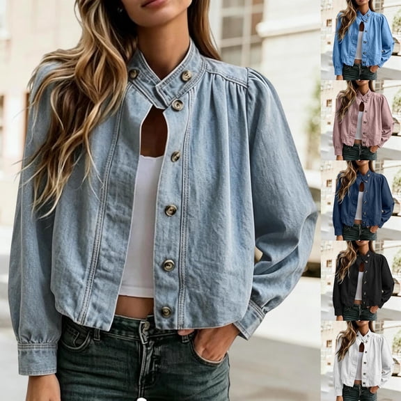 Miaoju Jean Jacket Women Long Sleeve Colored Cropped Denim Jacket Light Wash Short Jean Jacket Trucker Coat, BU3 S