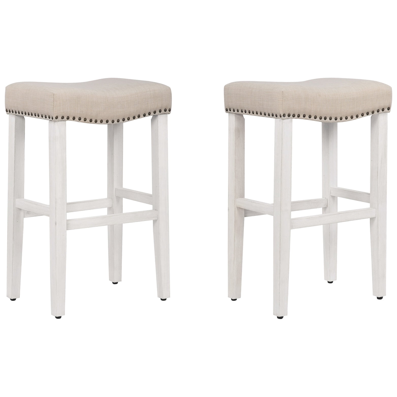 29" Upholstered Nail Head Counter Stool (Set of 2)Antique White/Beige