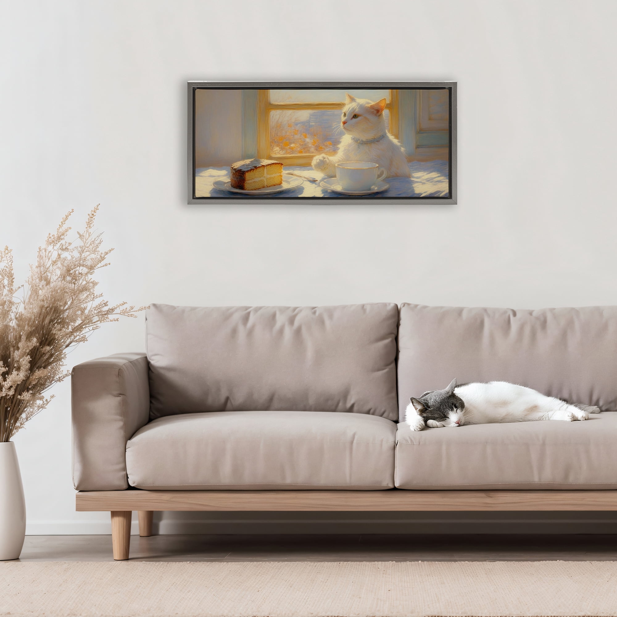 Stupell Industries Sunlit Tea Party Cat Gray Framed Floater Canvas Wall Art, design by Angie Hawke