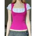 thumbnail image 3 of Mialoley Hauts de Mode pour Femmes Manches Courtes Col Carré en Dentelle Tricotée, 3 of 9