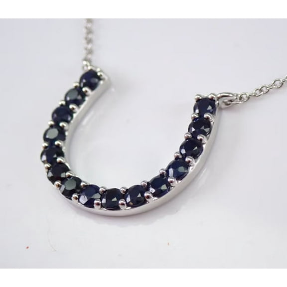Om Jewels Round Cut Lab Created Blue Sapphire HORSESHOE Pendant Necklace 14K White Gold Finish