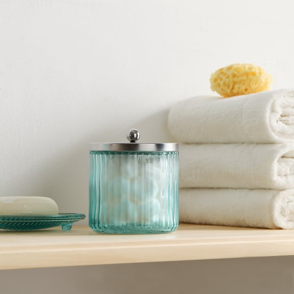 KMwares 2-Pack Glass Bathroom Jars – Blue Ribbed Glass with Lids – Cotton Ball, Q-Tip, Swab, Floss Holder – Modern Organizer for Bathroom, Vanity – Decorative Countertop Storage (Turquoise Blue)