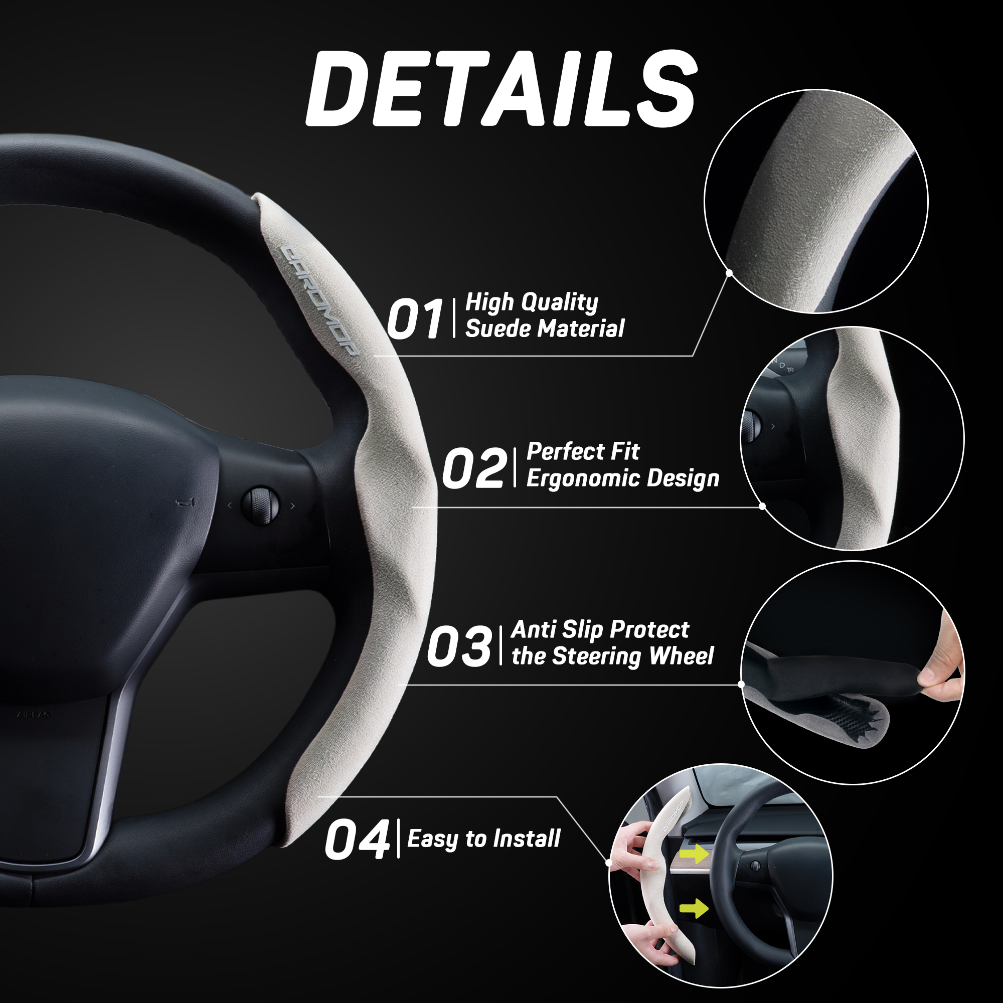 Caromop Suede Steering Wheel Cover, 14.5-15 in, Non-Slip, 2 pack, Beige