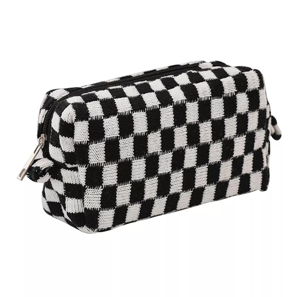 T.sheep Checkered Makeup Organizer Cosmetic Bags Woman Portable Toiletry Travel Bag with Adjustable Partition for Tools , Jewelry ,Brown