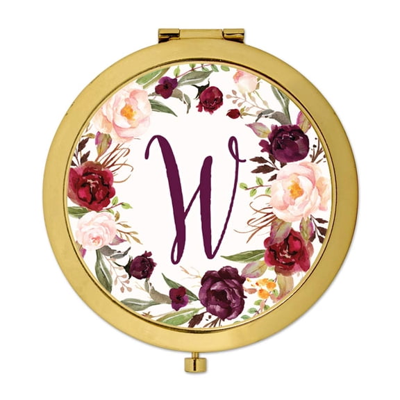 Koyal Wholesale Gold Compact Mirror Bridesmaid's Wedding Gift, Marsala Burgundy Maroon Flowers , Monogram Letter W, 1-Pk