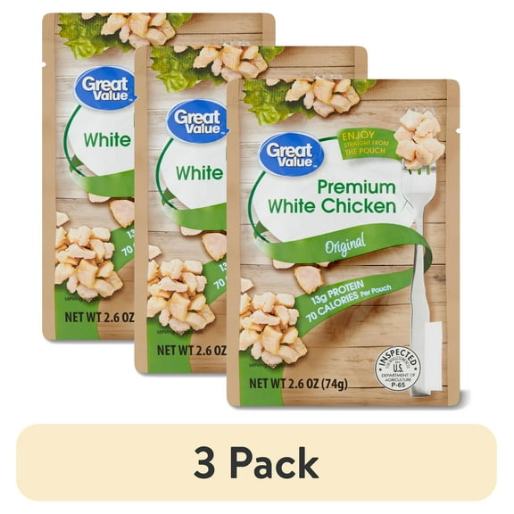 (3 pack) Great Value Premium White Chicken, Shelf-Stable, Fully Cooked, Ready to Eat, 2.6 oz Pouch
