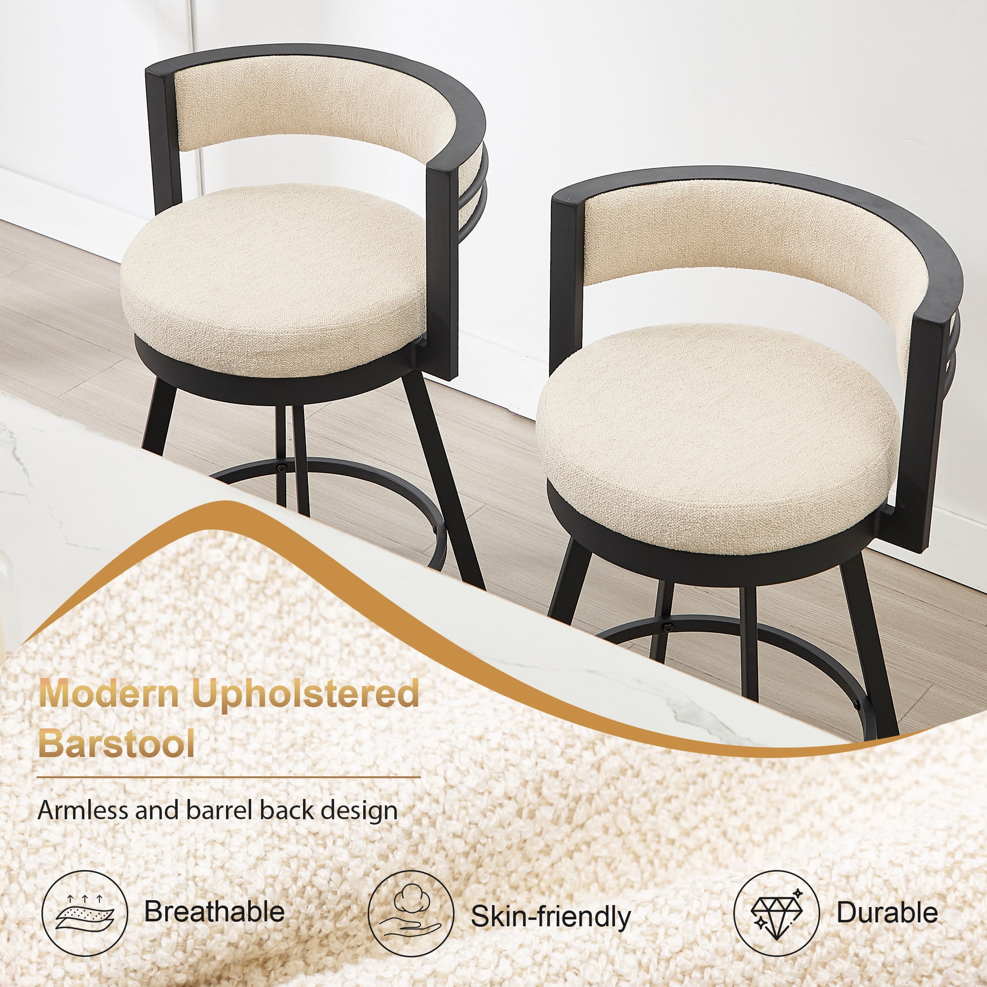 Zesthouse 26.6″ Swivel Bar Stools Set of 2, Linen Upholstered Counter Stools with Barrel Back and Metal Legs, Modern Counter Height Barstools for Kitchen Island, Beige