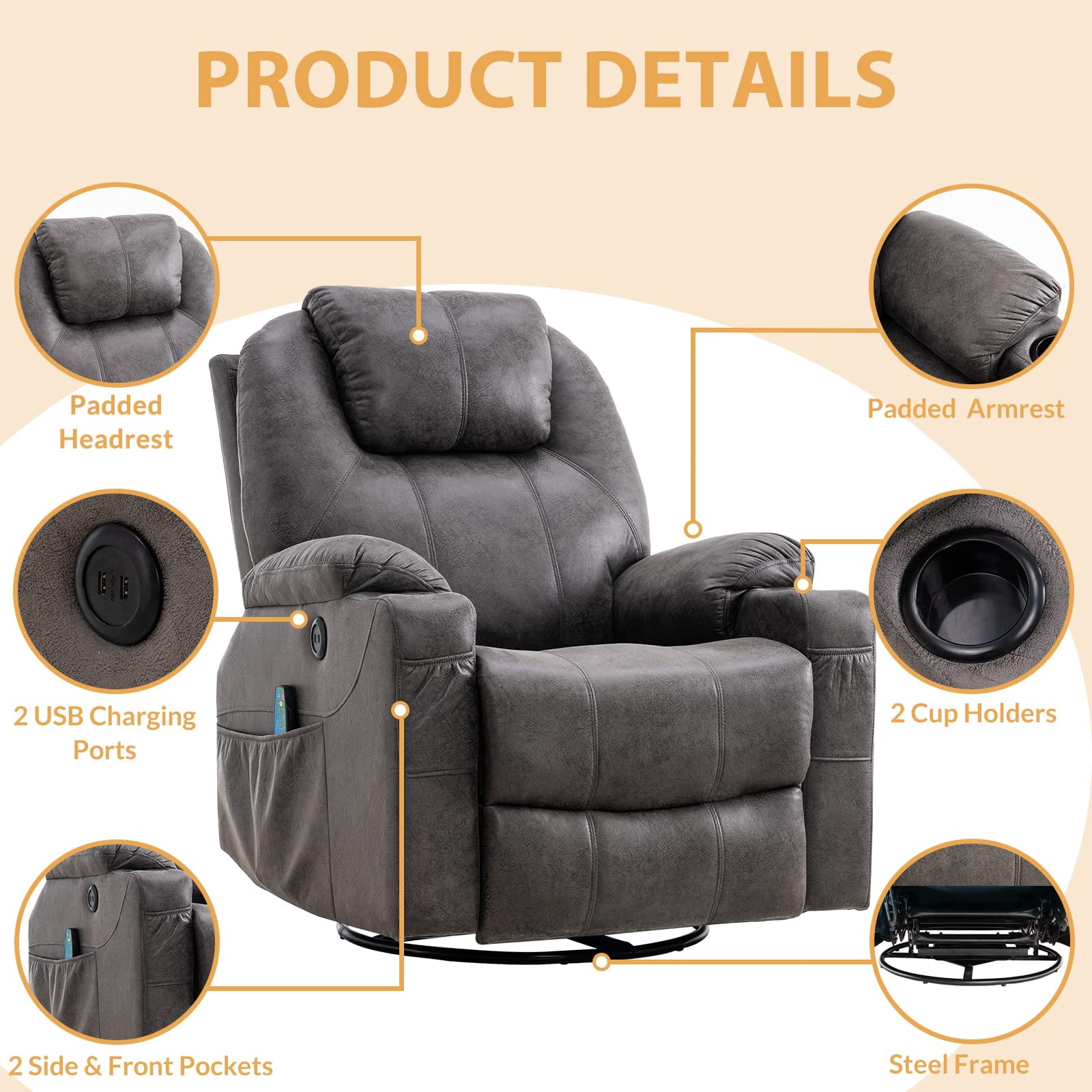 W WARMHOL Swivel Rocker Recliner Chair - Manual Glider Rocking Recliner Chair with Heated Massage Ergonomic Lounge Reclining Chair with 4 Pockets/Cup Holders/Remote Control/USB Ports (Gray)