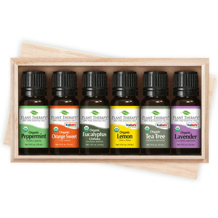 Plant Therapy Top 6 Organic Essential Oils Set | Lavender, Peppermint, Eucalyptus, Lemon, Tea Tree, In Wood Box | 10