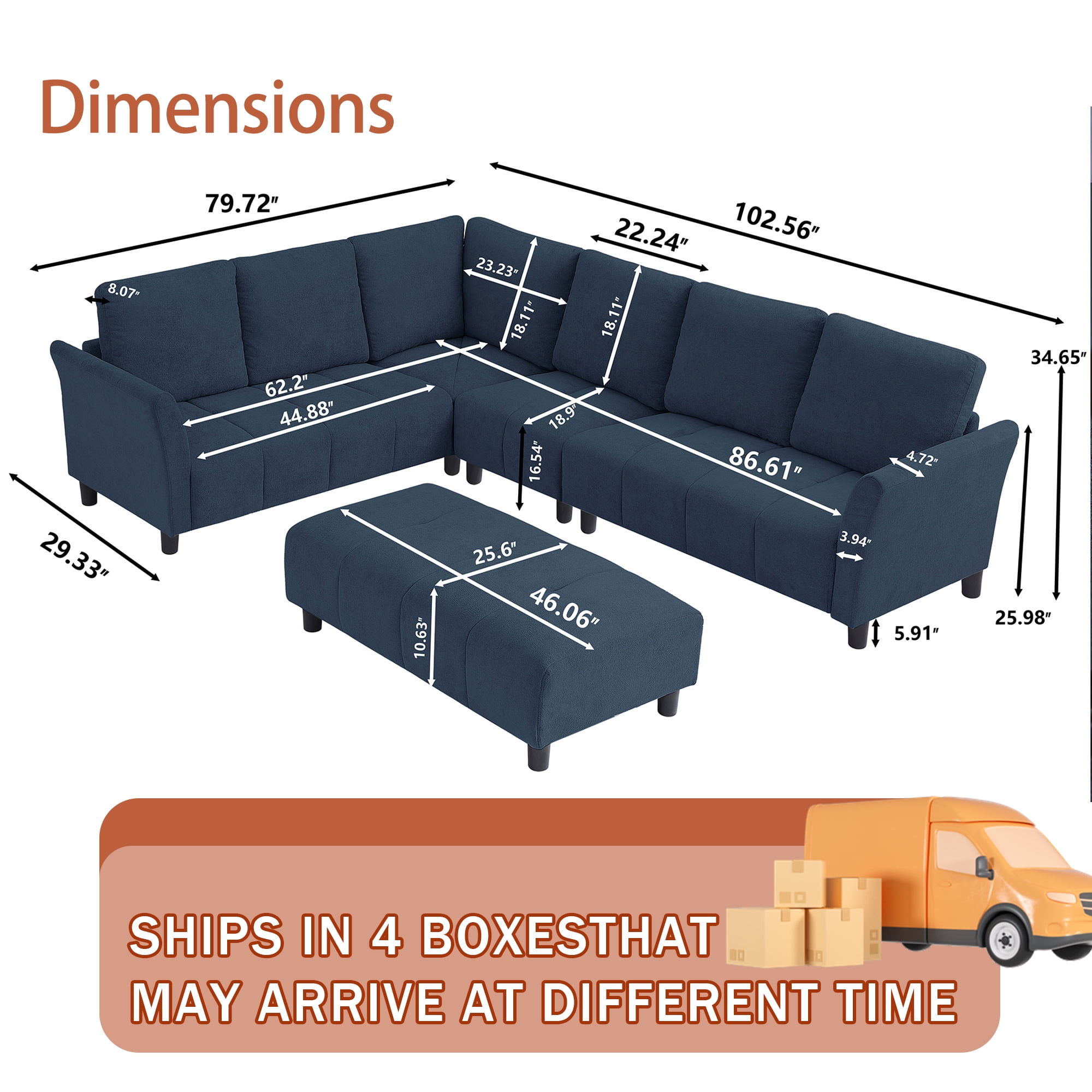Pingliang Home 102" Convertible Sectional Sofa with Long Ottoman,Upholstered Oversized Modern 6 Seat L Shaped Couch Corner Sofa with Back Cushions for Living Room Apartment Office Studio
