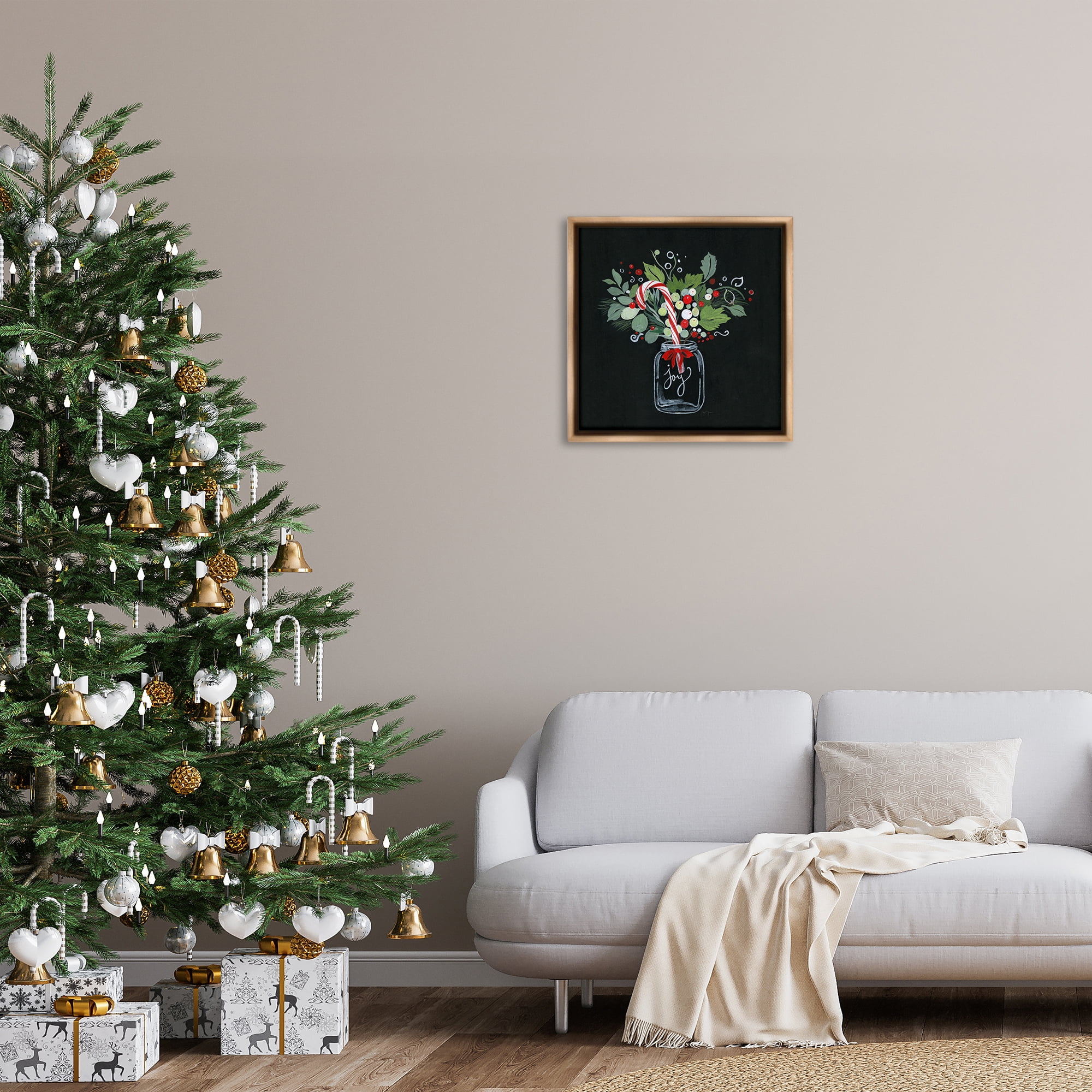 Stupell Industries Joy Candy Cane Jar Holiday Painting Brown Floater Framed Canvas Art Prints Wall Art, 25 x 25