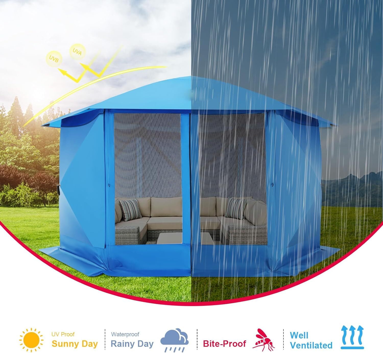 COBIZI Pop up Gazebo Screen Tent Screen House for Camping,12x12 Gazebo with Removable Roof, Outdoor Screened Gazebo with Sidewalls, Tent with Carry Bag and Ground Stakes,Blue(Upgraded)