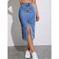 thumbnail image 4 of Womens Light Wash Stretch Denim Midi Skirt With Front Slit, 4 of 10