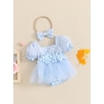 thumbnail image 6 of Aojekbee Infant Baby Girls Summer Romper Dress with Bow Headband 3D Flower Short Puff Sleeve Neck Tulle Jumpsuit, 6 of 10