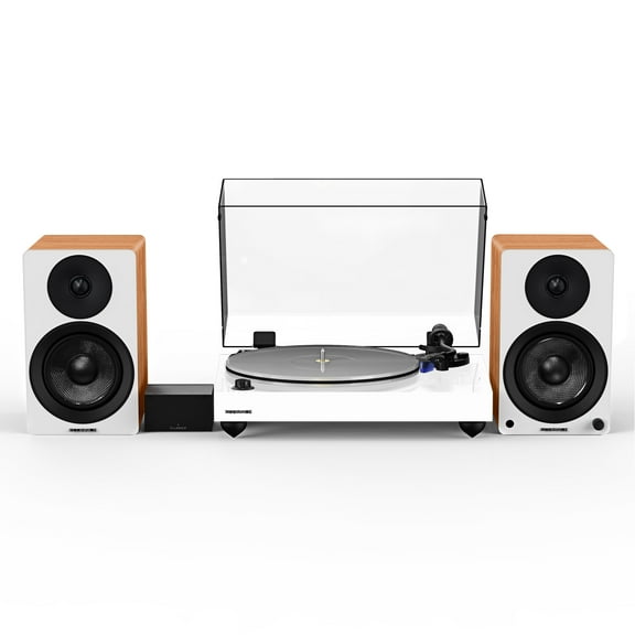 Fluance Reference RT85 High Fidelity Vinyl Turntable (White), PA10 Phono Preamp, Ai41 Powered 5" Bookshelf Speakers (Lucky Bamboo), Ortofon 2M Blue Cartridge, 90W Class D Amplifier, Bluetooth