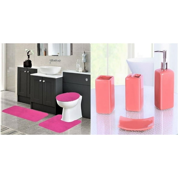 SAMIMPORT-2011 Chenille Hot Pink Polyester Bath Rugs, 19" x 30", Non-Slip Backing (4 Count)