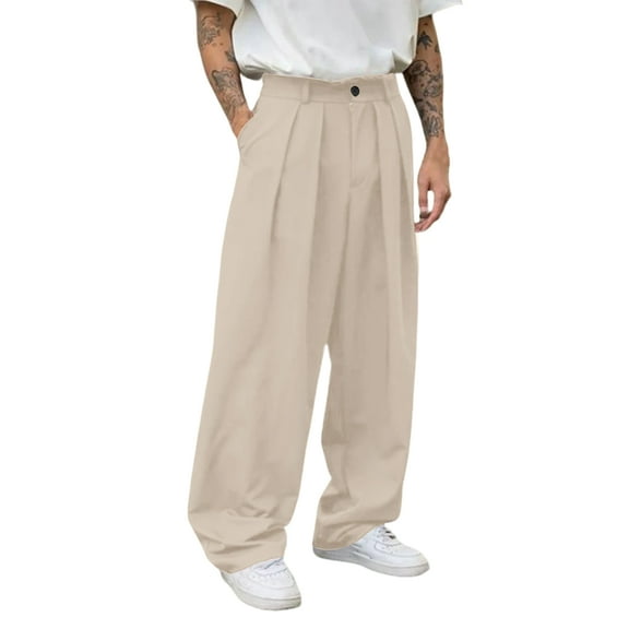 Mens Wide Leg Trousers Loose Fit Pleated Front Casual Pants Relaxed Fit Straight Leg Trousers for Daily Wear