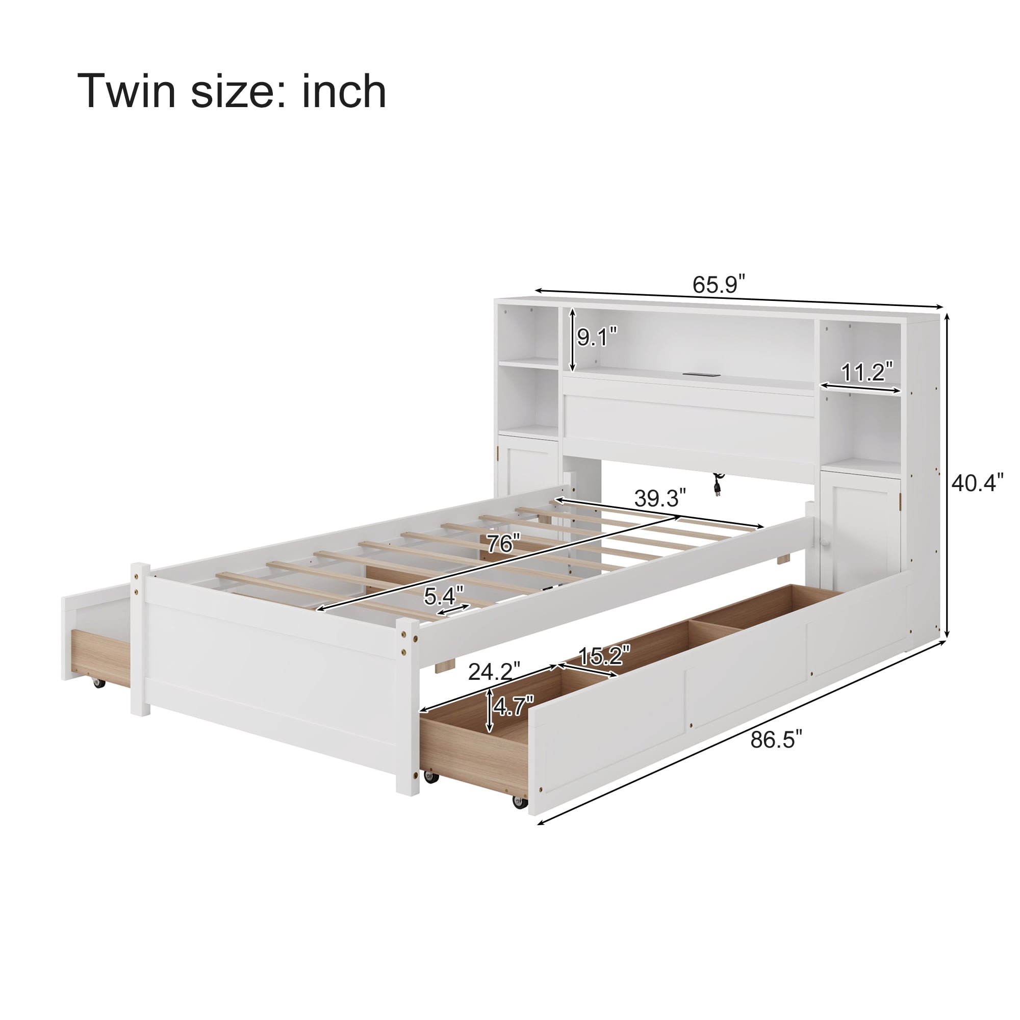 MAYEERTY Twin White Wooden Storage Bed Bookcase Headboard 6 Drawers Charging for Teens Adults