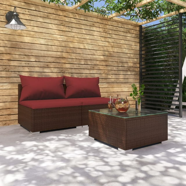 vidaXL Ensemble de Salon de Jardin 3 Pcs avec Coussins en Rotin Poly Brun