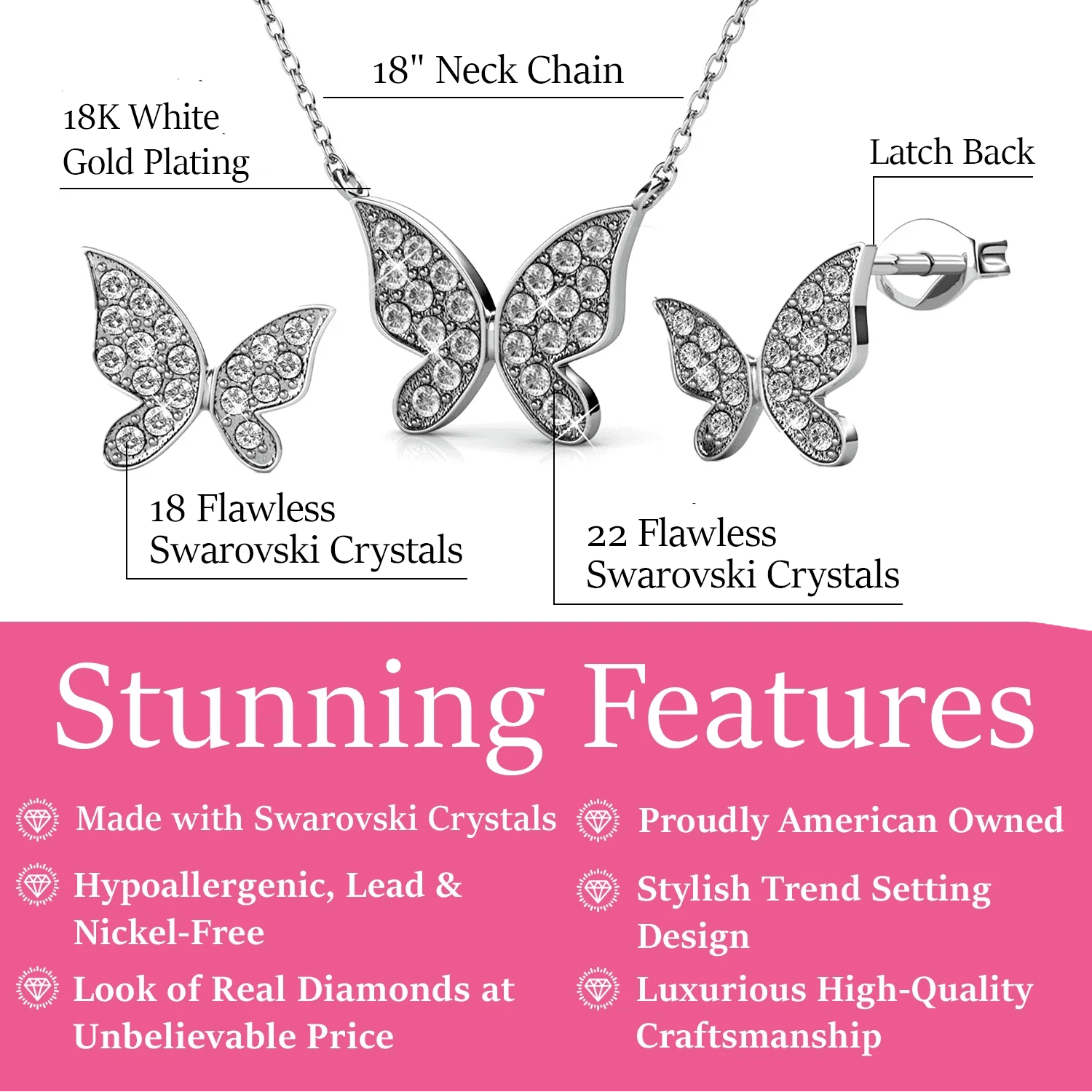 Cate & Chloe Yuenen 18k White Gold Plated Butterfly Jewelry Set with Swarovski Crystals for Women