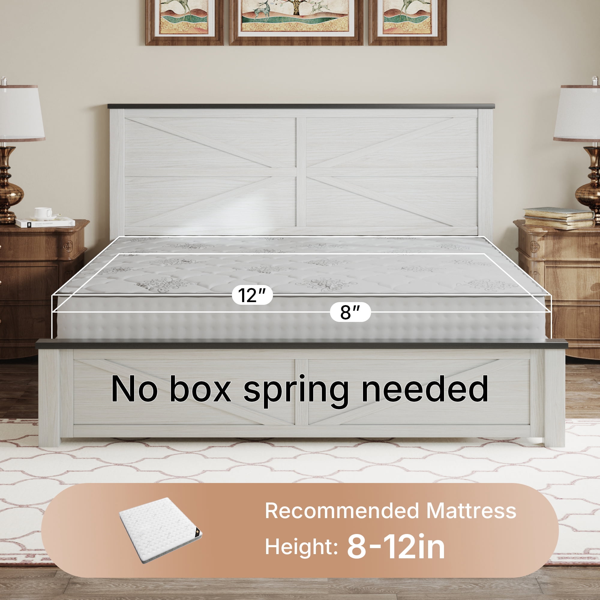 BSHTI Full Size Bed Frame with Wooden Headboard, Country and Farmhouse Style, White