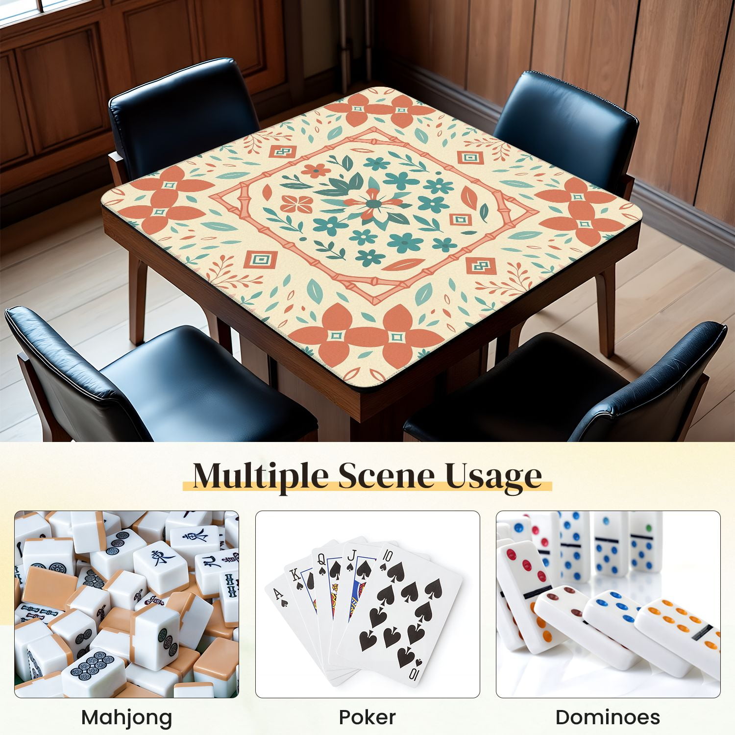 Mahjong Mat 31.5" x 31.5" Floral Geometric Elements Soft Coral Teal Tones Anti-Slip and Noise Reduction Symmetry Design Mahjong Tiles Table Cover for Dominoes Poker Card Board and Tile Games