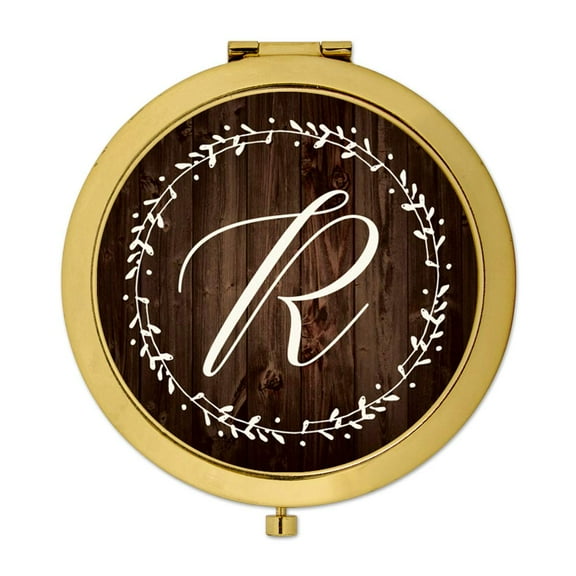 Koyal Wholesale Gold Compact Mirror Bridesmaid's Wedding Gift, Rustic Wood with Laurels, Monogram Letter R, 1-Pack