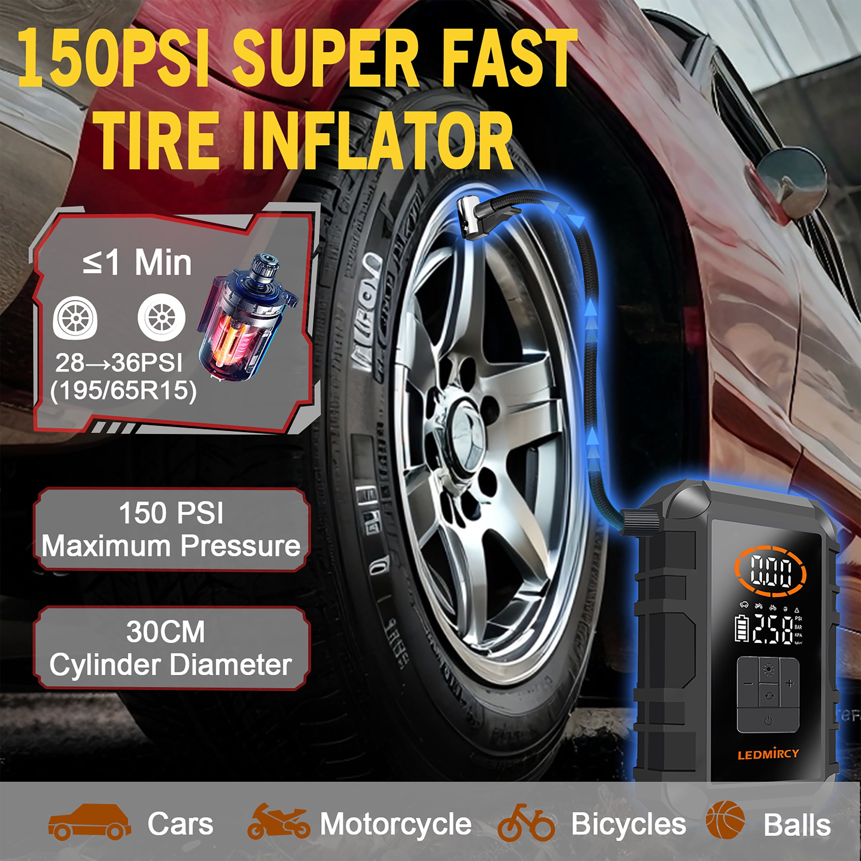 LEDMIRCY 2-in-1 Car Jump Starter and Tire Inflator with LED Display, Flashlight, USB Fast Charge, All-In-One Design, High Quality