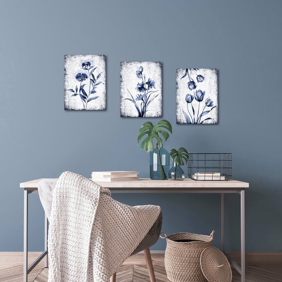 3 Pieces Canvas Wall Art Navy Blue and Grey Flower Painting Art Prints Vintage Floral Picture Artwork Modern Bedroom Bathroom Home Wall Decor Framed Ready to Hang Each Panel 12x16 Inches