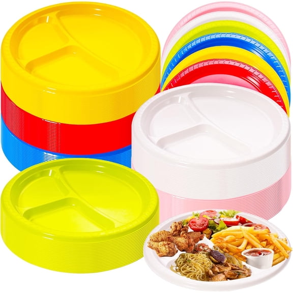 120 Piece 10 inch 3 Compartment Divided Plastic Plates, Colorful Disposable Round Lunch Dinner Dessert Plates for Wedding Party Supplies