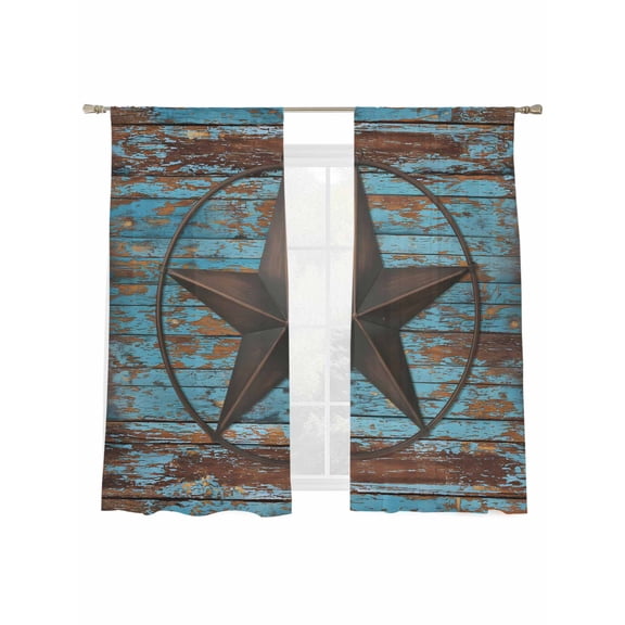 Western Texas Star Barn Sheer Curtains 63 inches Long, Rustic Teal Wood Grain Light Filtering Sheer Window Curtains Rod Pocket Voile Drapes for Bedroom Living Room, 2 Panels 52"W x 63"L