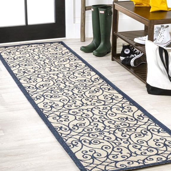 JONATHAN Y SANTA MONICA 2 x 8 Runner Rug, Madrid Vintage Filigree Textured Weave - Navy/Beige, SMB107G-28
