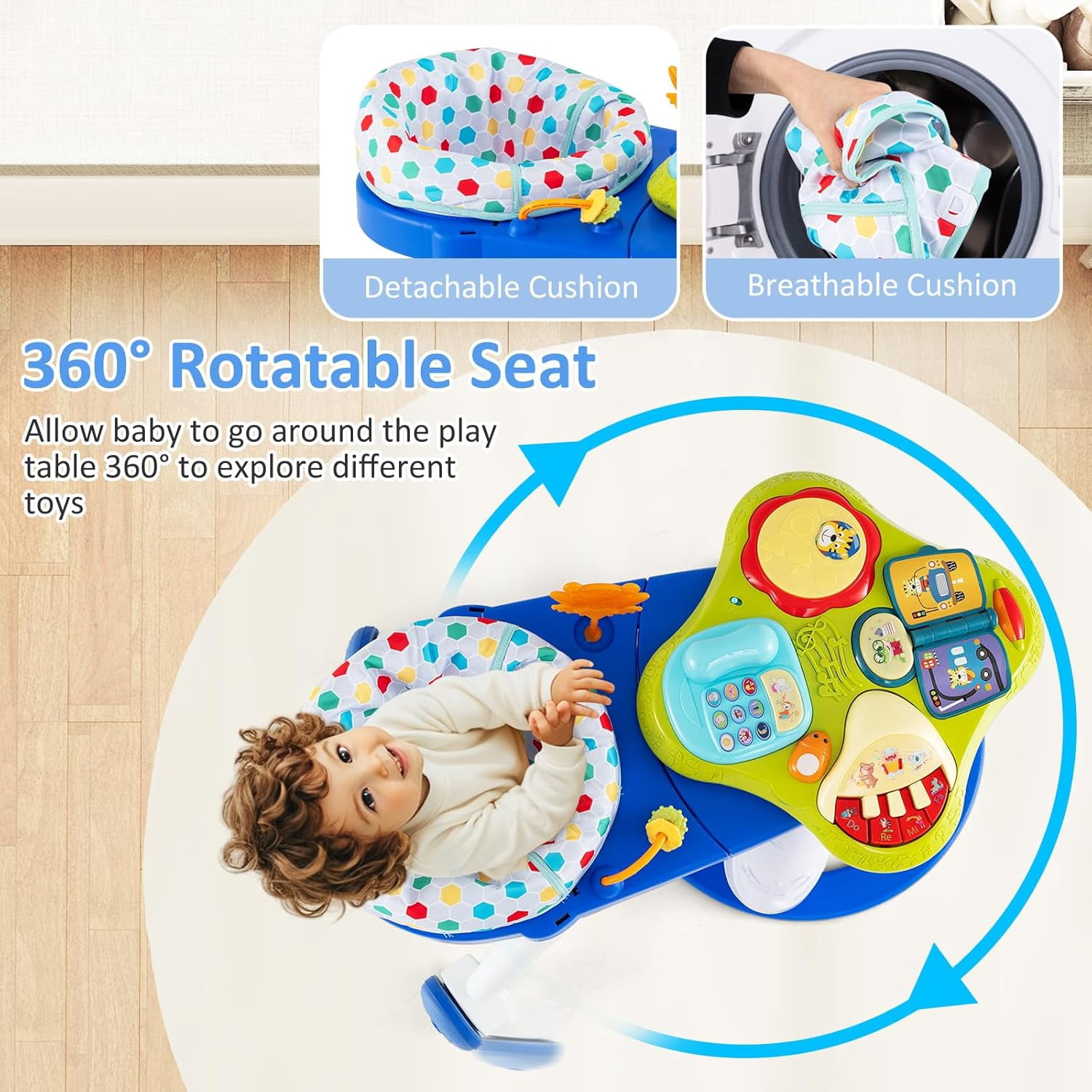 INFANS 3 in 1 Walk Around Baby Activity Center, Baby Walker with Play Table, Wheels, Detachable Seat Cushion, 3 Adjustable Heights, Learning Toys for Boys Girls Aged 6-36 Months