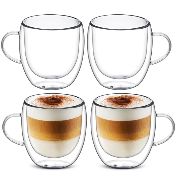 Cappuccino Glass Mugs, Set of 4 Double Walled Espresso Mug Cups Glass Mug Set, Insulated Drinking G